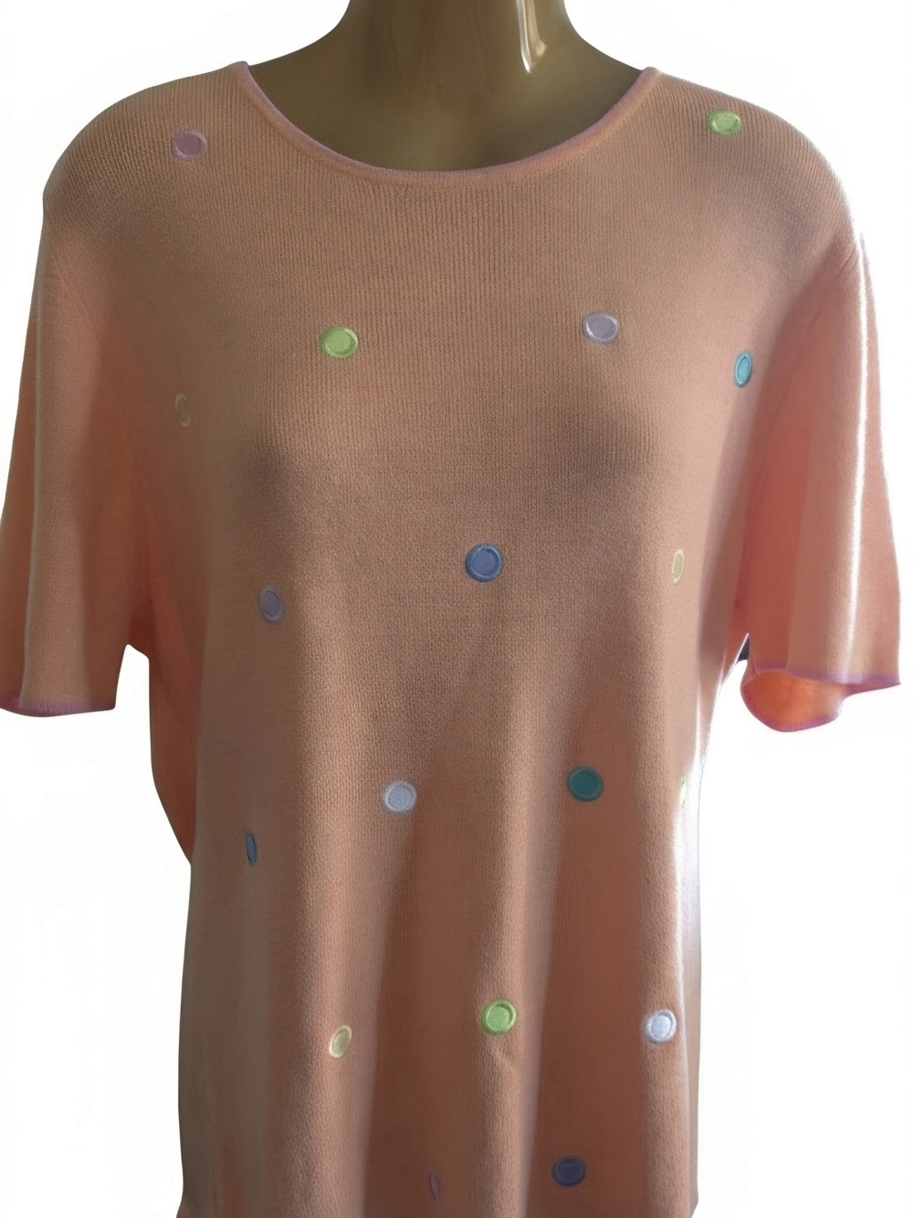 Sag Harbor peach coral pink short sleeve sweater top embroidered circle Vtg Sz L